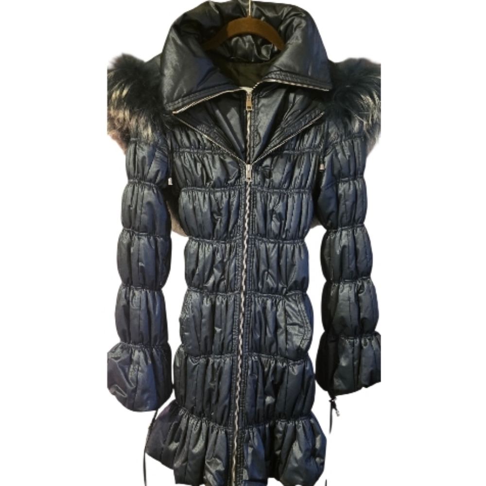 Navy Blue Silk Tessuto Piatty Puffer Jacket with Fox Fur Trim